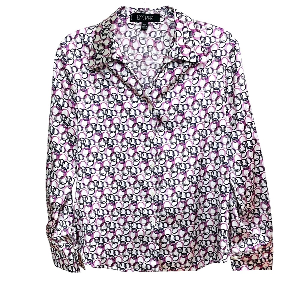 Kasper Petite Blouse Women 12P Purple Black Geometric Circle Button Up Stretch